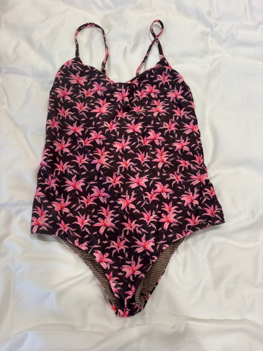 Black One-Piece Swimsuit with Pink Floral Print